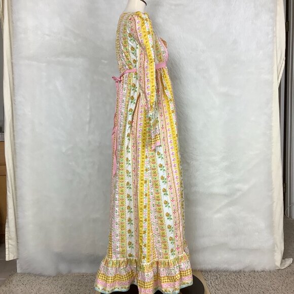 Vintage 70s Yellow, Pink, White Floral Hearts Long Sleeve Peasant  Dress - Picture 5 of 7